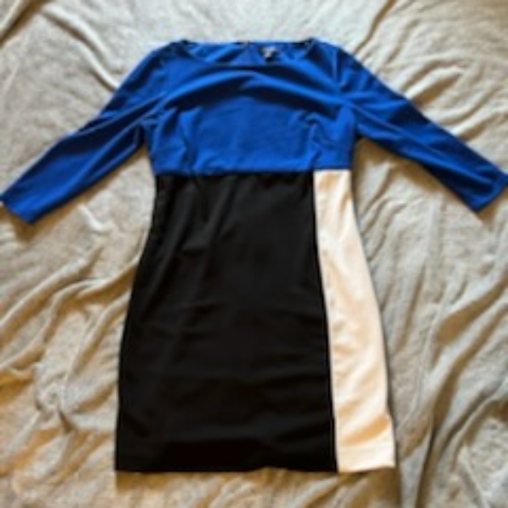 Black White and Blue color block Midi Chaps Dress
